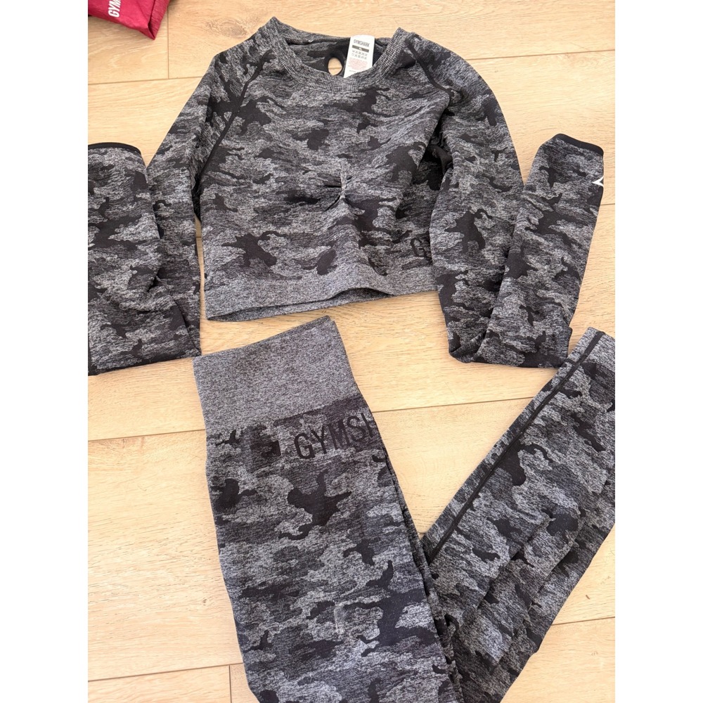 Gymshark Adapt Camo Seamless Set Grey Black Crop Top XL Leggings M 227